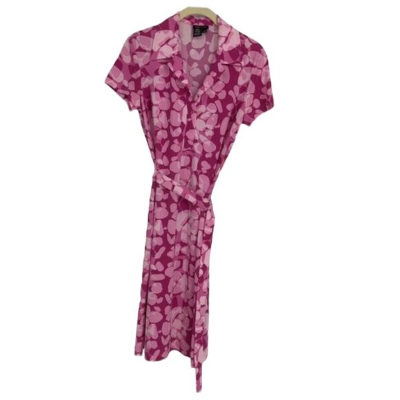 BCBGMaxAzria Pink Abstract Camo Shortsleeve 1/4 Button Midi Dress w/ belt M - Picture 3 of 16